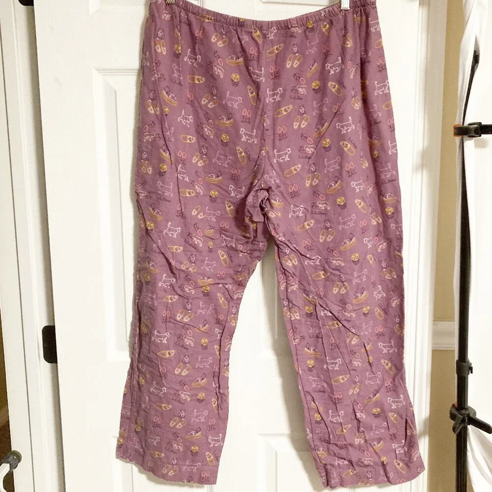 L.L. Bean 100% Cotton Flannel Cat Print Pajama Lounge Pants Purple XL